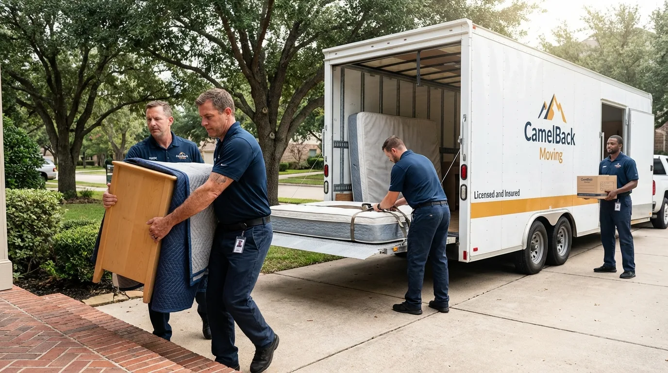 Crew loading residential truck for cross-state move from Wolfe City, TX