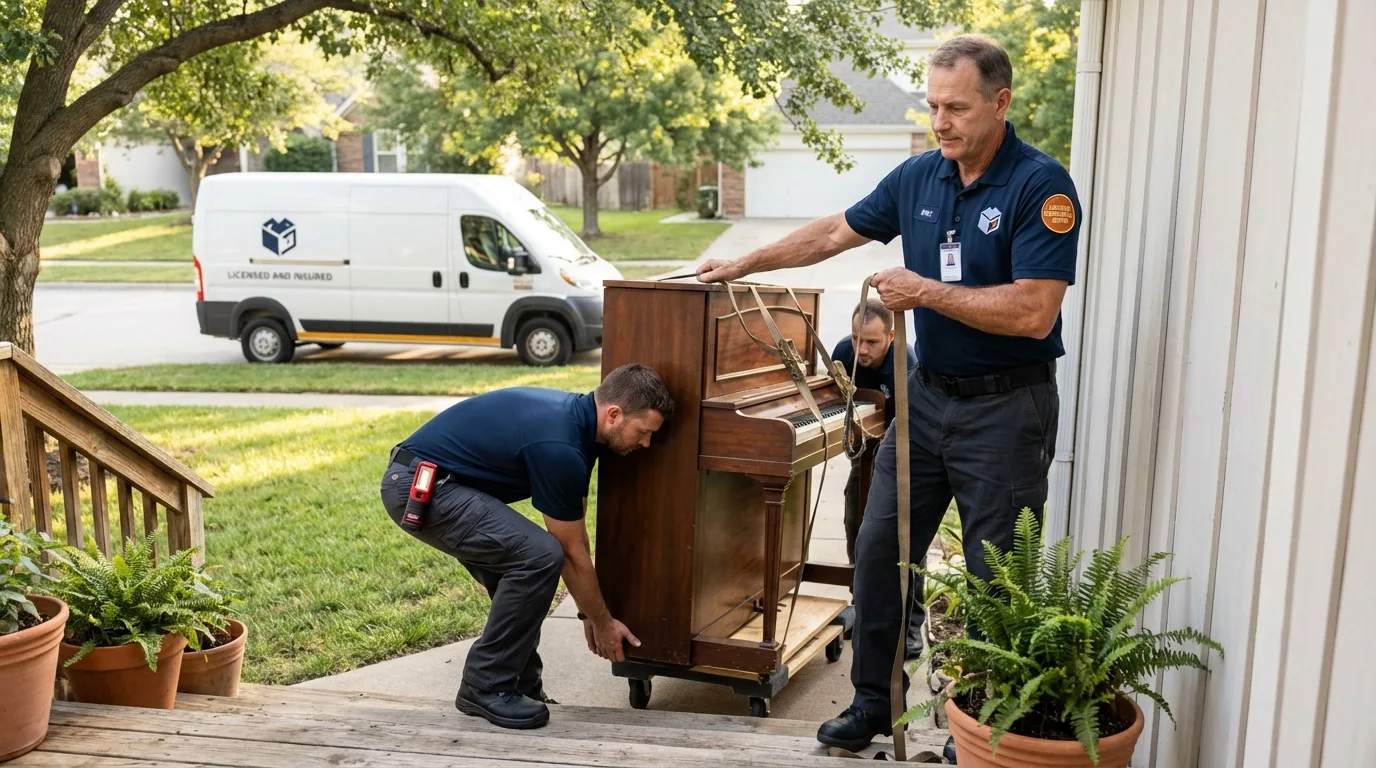 Licensed piano movers securing grand piano in Wolfe City, TX