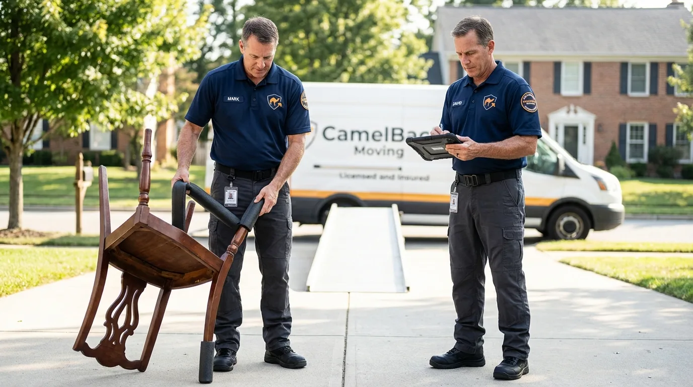 Movers inspecting furniture for damage prevention before loading in Wolfe City, TX